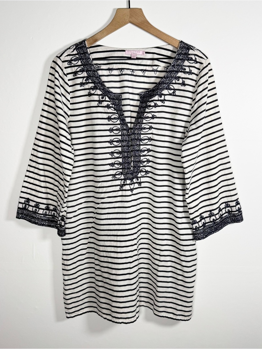 Calypso St. Barth Hester Cotton Striped Kaftan Tunic Black Metallic Trim Sz L